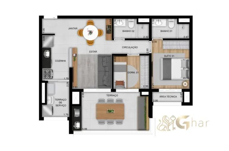 Planta de apartamento 69 m² com 2 dormitórios e 1 suíte