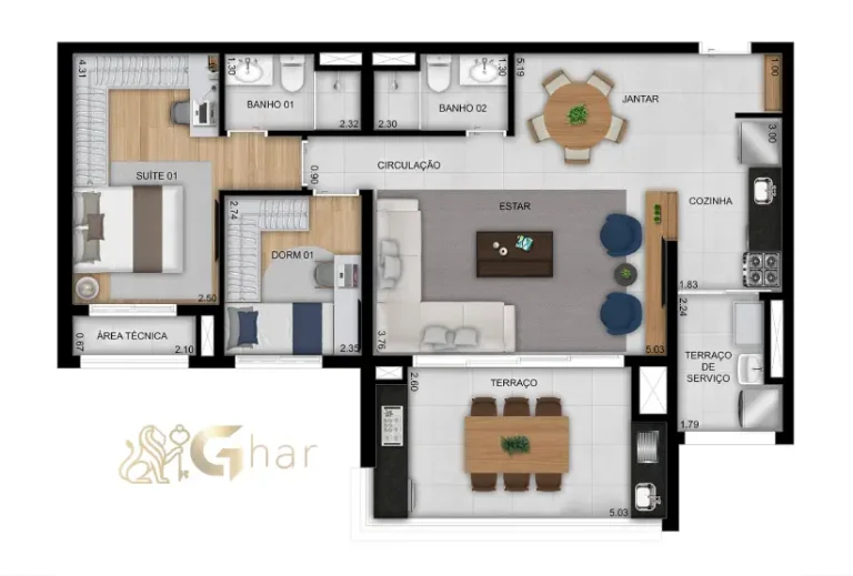 Planta de apartamento 86 m² com 2 dormitórios e 1 suíte