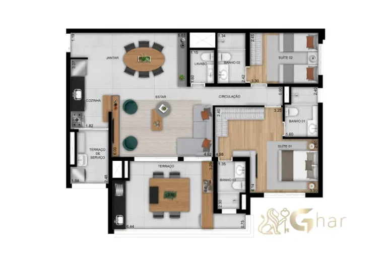 Planta de apartamento 109 m² com 2 suítes e banheiro senhor e senhora
