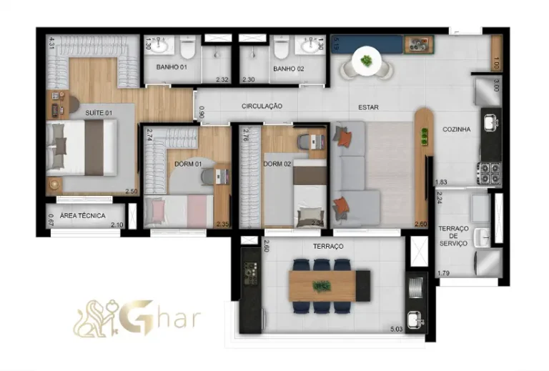 Planta de apartamento 86 m² com 3 dormitórios e 1 suíte