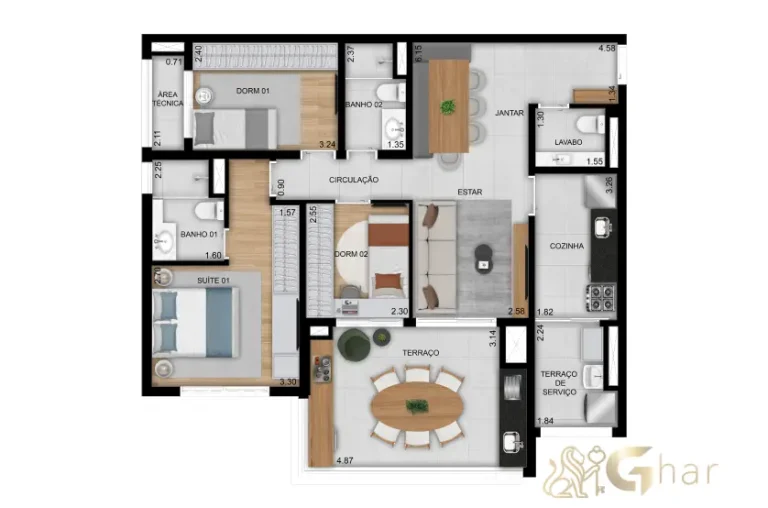 Planta de apartamento 96 m² com 3 dormitórios e 1 suíte no Praça Diálogo Patriarca