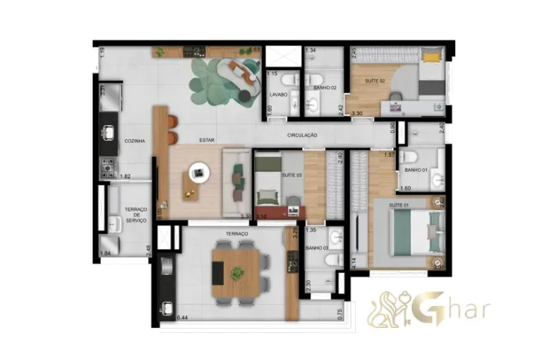 Planta de apartamento 109 m² com 3 suítes e lavabo no Praça Diálogo Patriarca