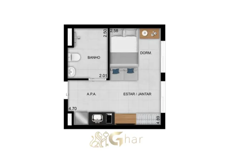 Planta de studio 25 m² no Praça Diálogo Patriarca