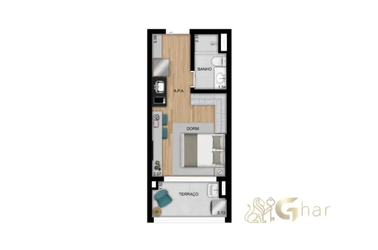 Planta de studio 32 m² no Praça Diálogo Patriarca