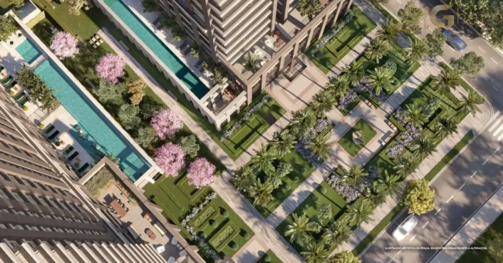 Vista aérea da fachada do Praça Lindenberg Clodomiro no Itaim Bibi