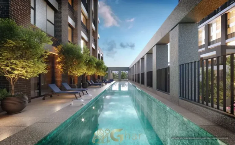 Piscina do Praça Lindenberg Clodomiro com design sofisticado, ideal para lazer e relaxamento em um empreendimento de alto padrão no Itaim Bibi.