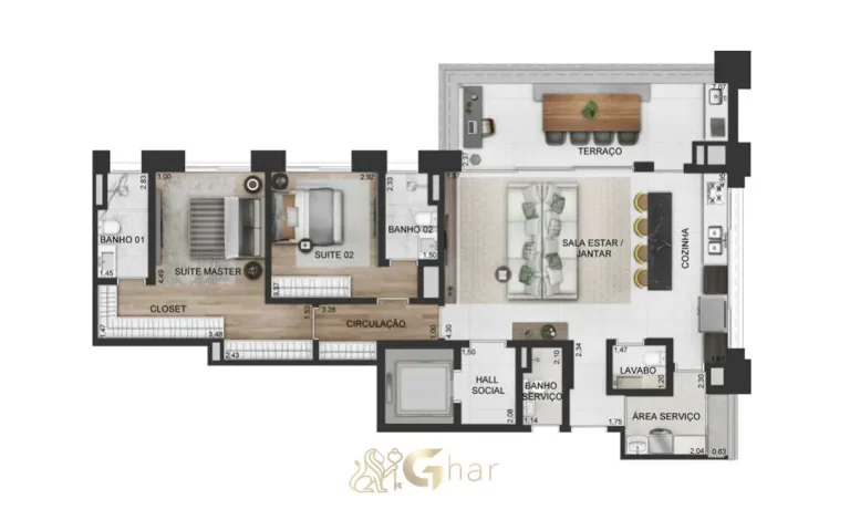 Planta alternativa de apartamento 2 suítes 191 m² no Praça Lindenberg Clodomiro