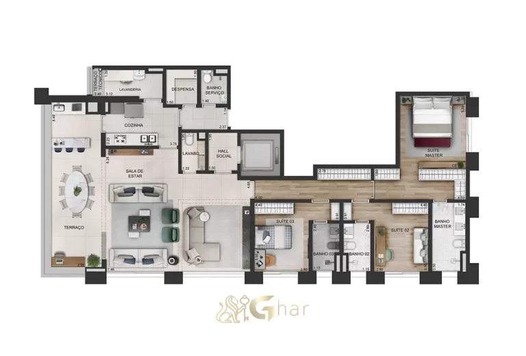 Planta do apartamento de 3 suítes com 191 m² no Praça Lindenberg Clodomiro