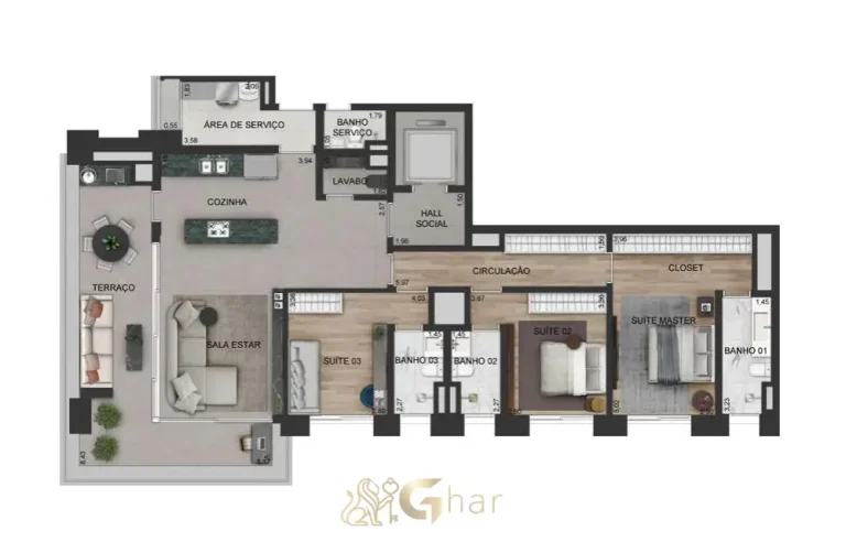Planta alternativa do apartamento de 3 suítes 191 m² no Praça Lindenberg Clodomiro