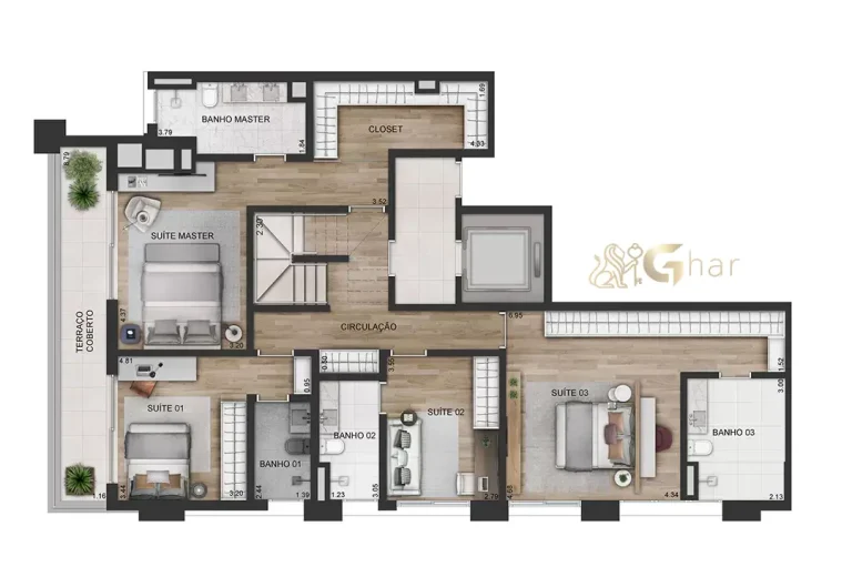 Planta da cobertura duplex inferior de 358 m² no Praça Lindenberg Clodomiro