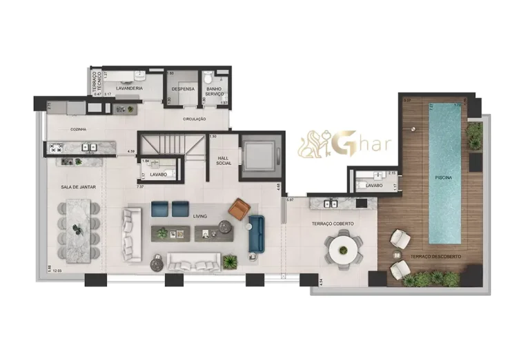 Planta da cobertura duplex superior de 358 m² no Praça Lindenberg Clodomiro