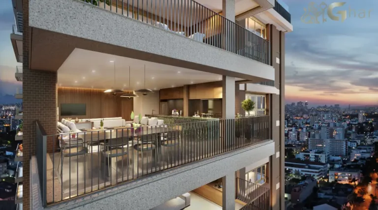 Terraço do apartamento decorado de 135 m² no Praça Lindenberg Macurapé, oferecendo integração com o living e conforto no Itaim Bibi.