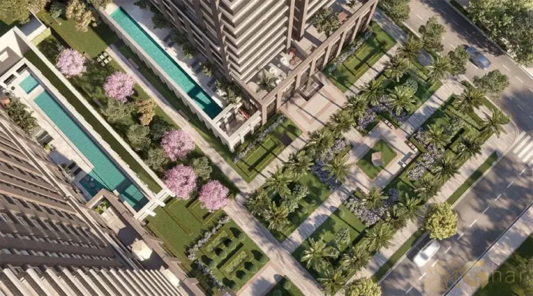 Vista aérea da fachada do Praça Lindenberg Macurapé no Itaim Bibi