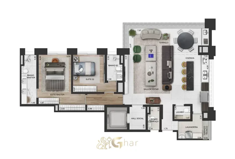 Planta de apartamento 135 m² com 2 suítes e cozinha aberta no Praça Lindenberg Macurapé