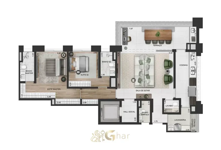 Planta de apartamento 135 m² com 2 suítes e cozinha fechada no Praça Lindenberg Macurapé