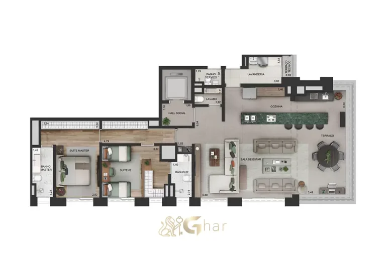 Planta de apartamento 154 m² com 3 suítes e cozinha aberta no Praça Lindenberg Macurapé