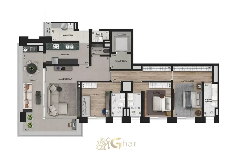 Planta de apartamento 154 m² com 3 suítes e cozinha fechada no Praça Lindenberg Macurapé