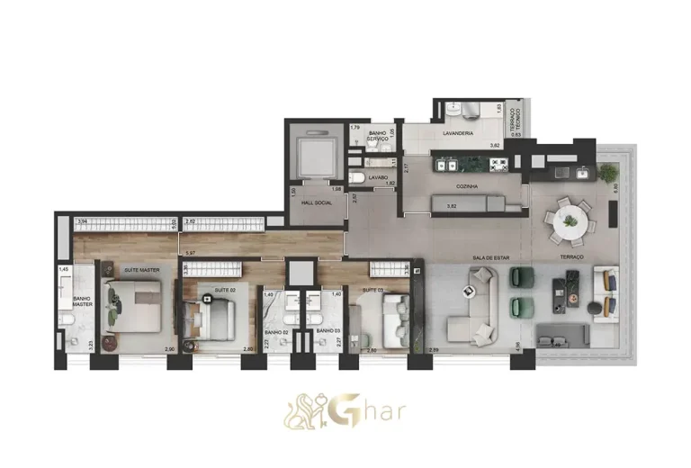 Layout alternativo da planta 154 m² com 3 suítes e cozinha fechada