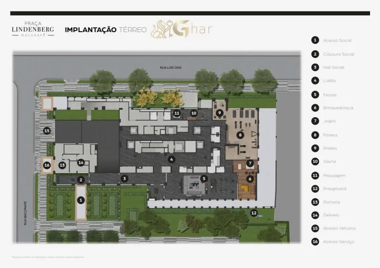 Planta de implantação do térreo do condomínio Praça Lindenberg Macurapé