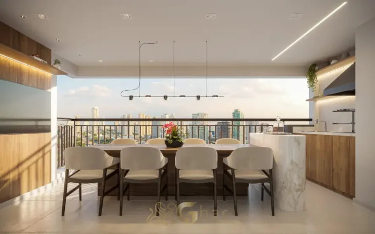 Varanda gourmet com churrasqueira no apartamento decorado de 100m² do Prisma Vila Ema