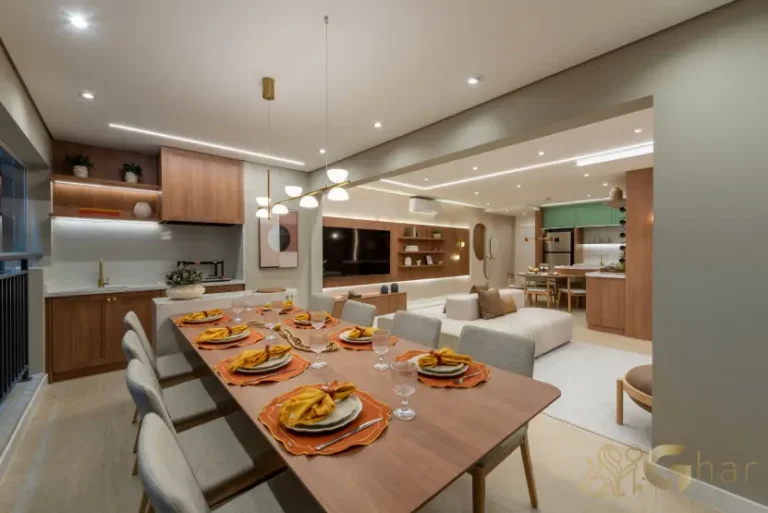 Churrasqueira gourmet integrada ao living no apartamento decorado de 100m² do Prisma Vila Ema