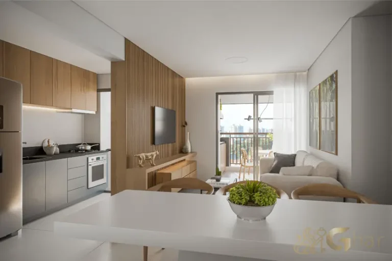 Living do apartamento decorado de 71m² no Prisma Condomínio Clube Vila Ema