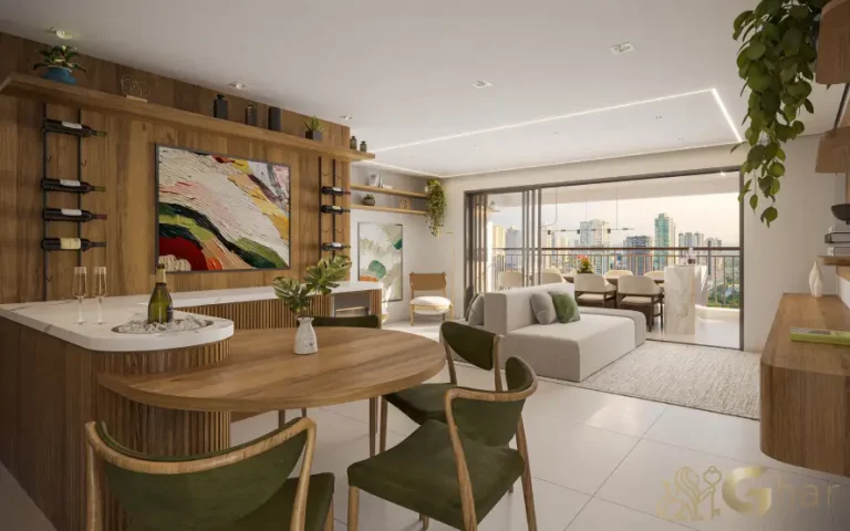 Sala de estar do apartamento decorado de 100m² no Prisma Condomínio Clube Vila Ema