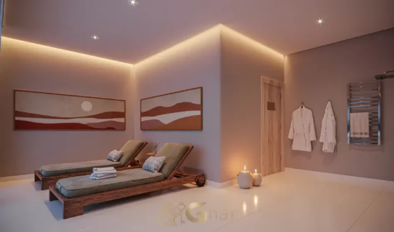 Área de descanso da sauna no Prisma Condomínio Clube Vila Ema