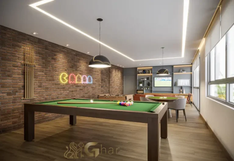Salão de jogos do Prisma Condomínio Clube Vila Ema com espaço moderno e integrado para lazer