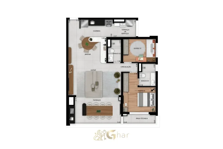 Planta do apartamento de 2 dormitórios com 1 suíte e 100m² no Prisma Vila Ema