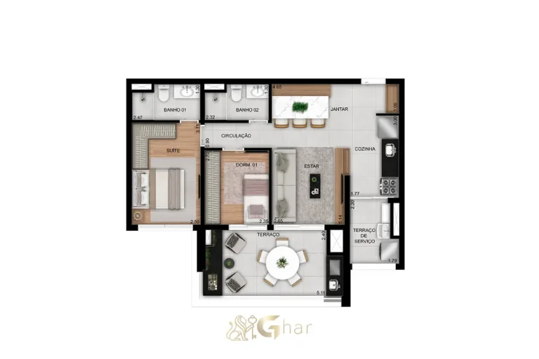 Planta do apartamento de 2 dormitórios com 1 suíte e 71m² no Prisma Vila Ema