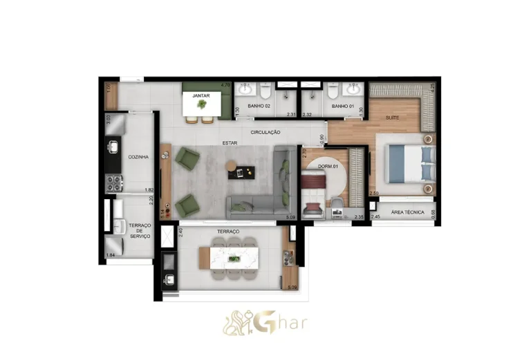 Planta do apartamento de 2 dormitórios com 1 suíte e 86m² no Prisma Vila Ema