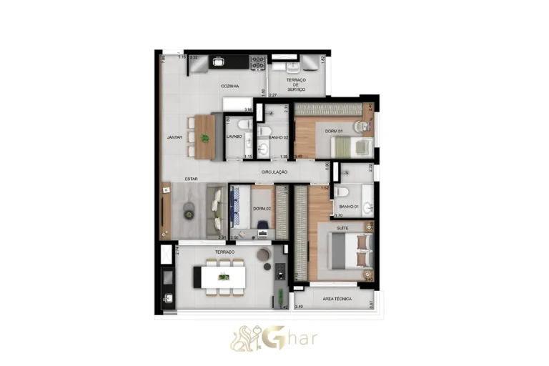 Planta do apartamento de 3 dormitórios com 1 suíte e 100m² no Prisma Vila Ema