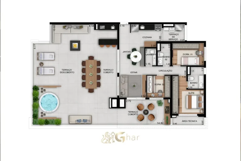 Planta do apartamento de 3 dormitórios com 1 suíte e 206m² no Prisma Vila Ema