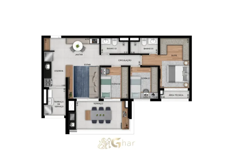 Planta do apartamento de 3 dormitórios com 1 suíte e 86m² no Prisma Vila Ema