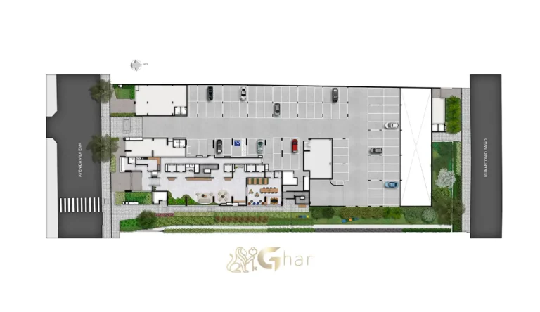 Planta de implantação do térreo do Prisma Condomínio Clube Vila Ema