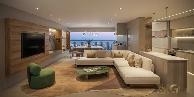 Sala de estar do apartamento decorado 155m² no The Grand Padre Adelino Belém