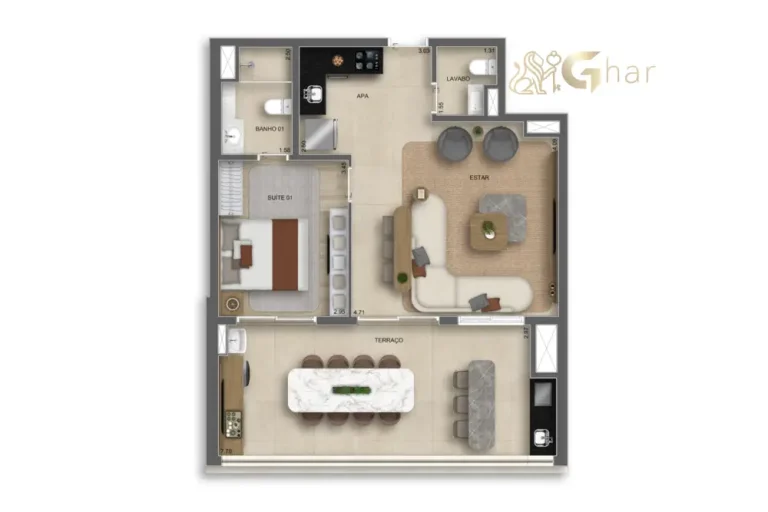 Planta do apartamento 1 suíte com lavabo 74m² no The Grand Padre Adelino Belém