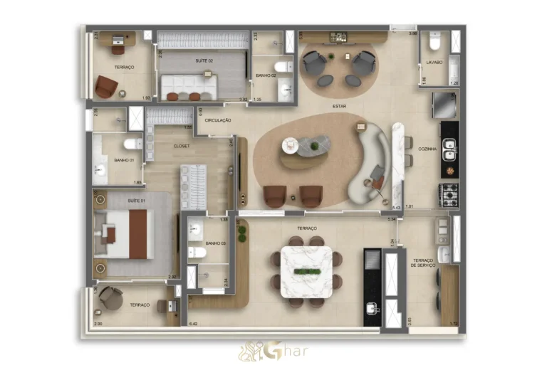 Planta do apartamento 2 suítes com lavabo 125m² no The Grand Padre Adelino Belém