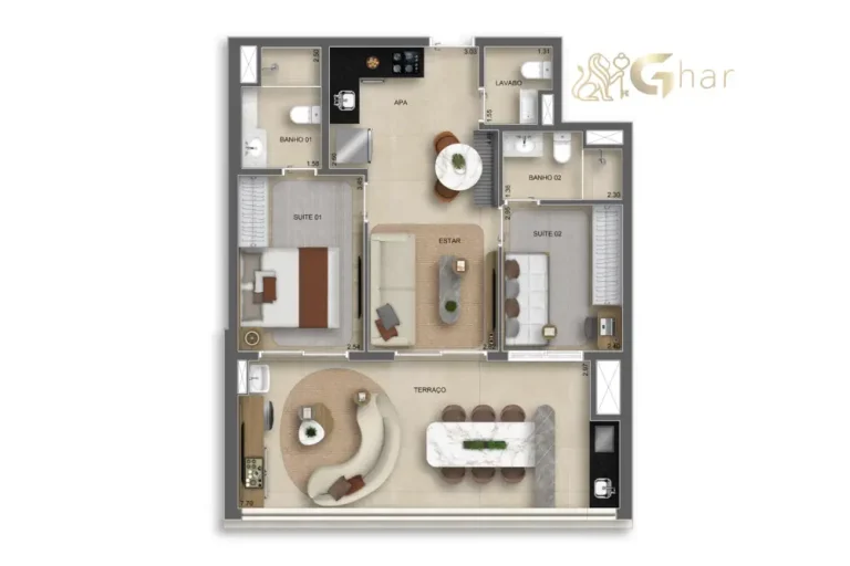 Planta do apartamento 2 suítes com lavabo 74m² no The Grand Padre Adelino Belém