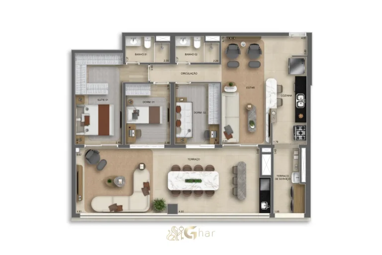 Planta do apartamento 3 dormitórios com 1 suíte 117m² no The Grand Padre Adelino