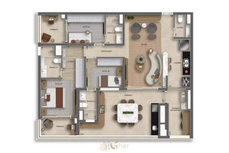Planta do apartamento 3 suítes com lavabo 125m² no The Grand Padre Adelino Belém