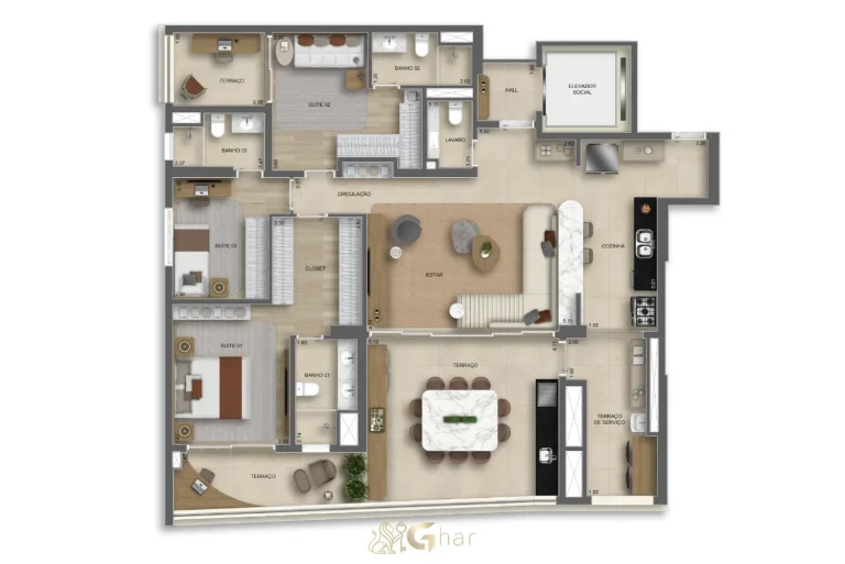 Planta do apartamento 3 suítes com lavabo 155m² The Grand Padre Adelino