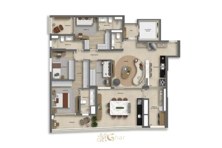 Planta do apartamento 4 dormitórios com 2 suítes 155m² The Grand Padre Adelino
