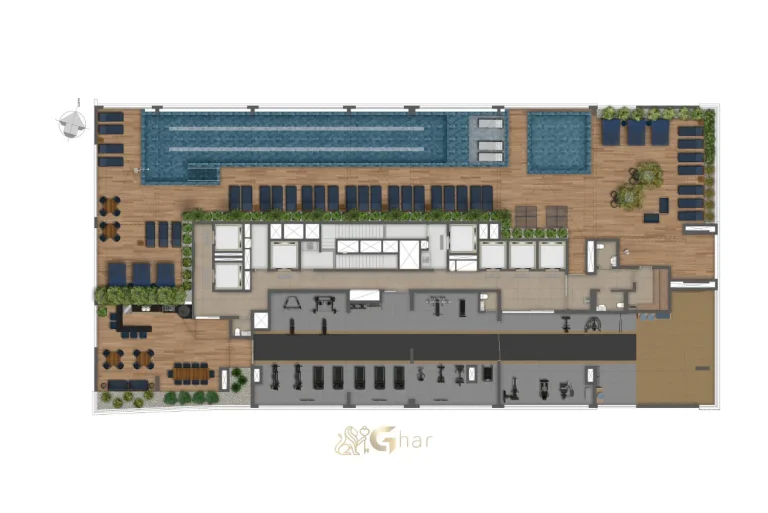 Planta de implantação do lazer na cobertura do The Grand Padre Adelino Belém