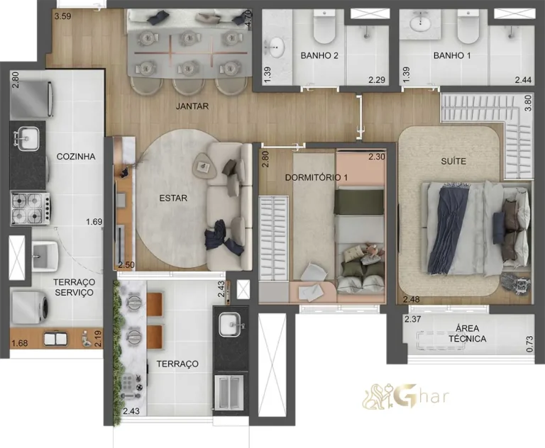 Planta do apartamento de 2 dormitórios e 1 suíte de 63 m² no Torino Mooca Città