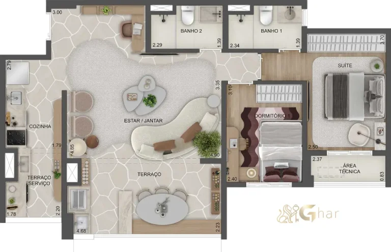 Planta com sala ampliada de 79 m² e 2 dormitórios no Torino Mooca Città