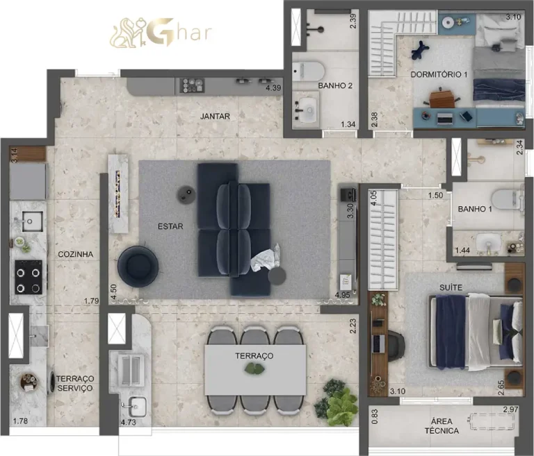 Planta com sala ampliada de 82 m² e 2 dormitórios no Torino Mooca Città