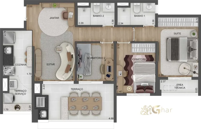 Planta do apartamento de 3 dormitórios e 1 suíte de 79 m² no Torino Mooca Città