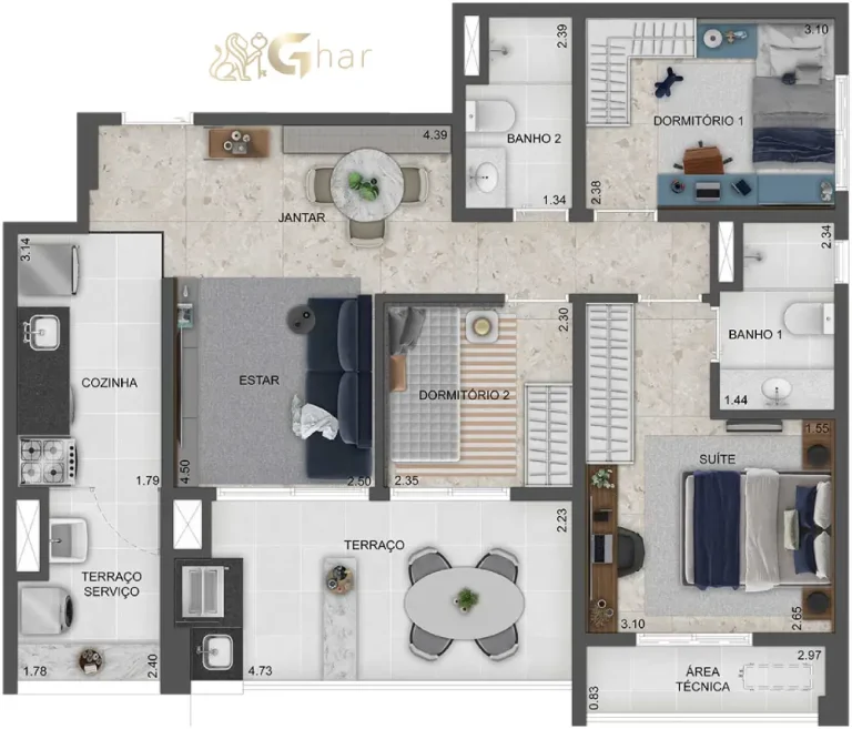 Planta do apartamento de 3 dormitórios e 1 suíte de 82 m² no Torino Mooca Città
